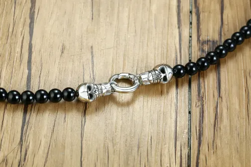 NTM604 Men's Black Onyx Beaded Ghost Head Necklace 60CM Stainless Steel Jewelry