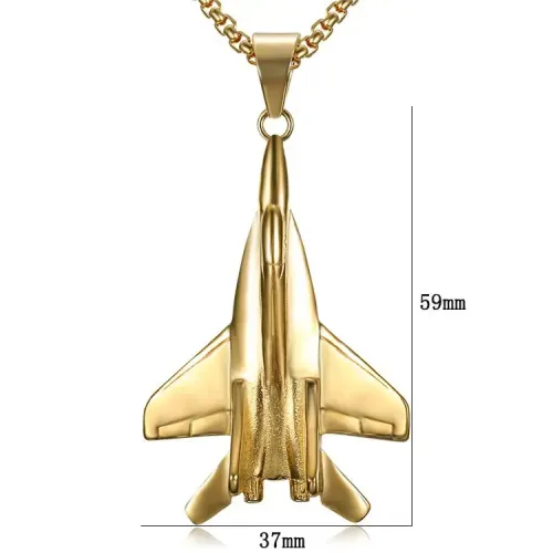 NTM704 Gold-Plated Fighter Airplane Pendant Trendy Hip-Hop Stainless Steel Necklace