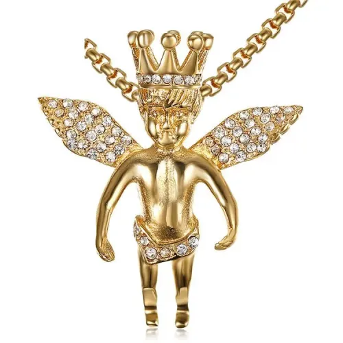 NTM662 Little Boy Diamond-Encrusted Angel Pendant Imitation Gold Stainless Steel Necklace