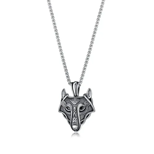 NTM120 Men's Nordic Viking Wolf Head Necklace Titanium Steel Celtic Hip Hop Chain