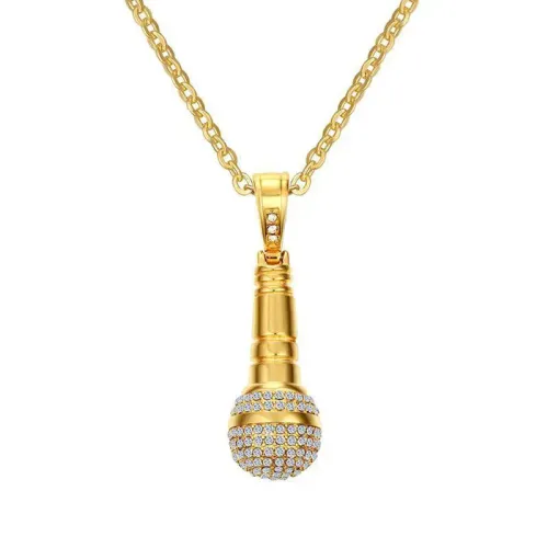 NTM484 Gold Titanium Steel Microphone Pendant Rhinestone Men's Necklace Jewelry
