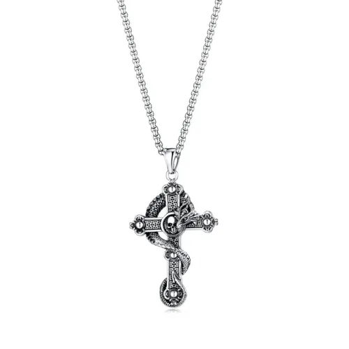 NTM121 Men's Titanium Steel Skull Dragon Cross Pendant Hip Hop Necklace