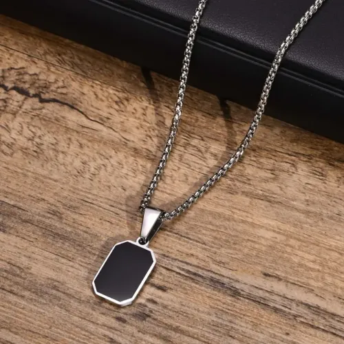 NTM361 Men's Geometric Rectangular Stainless Steel Pendant Stacked Cuban Chain Necklace