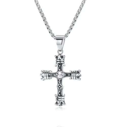 NTM115 Stainless Steel Crown Cross Necklace Elegant Religious Pendant Jewelry