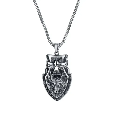 NTM67 Wolf Head Shield Pendant Titanium Stainless Steel Necklace for Men