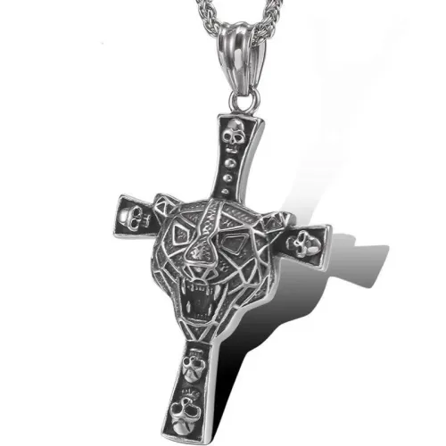 NTM756 Men's Titanium Steel Tiger Head Cross Pendant Stainless Steel Jewelry