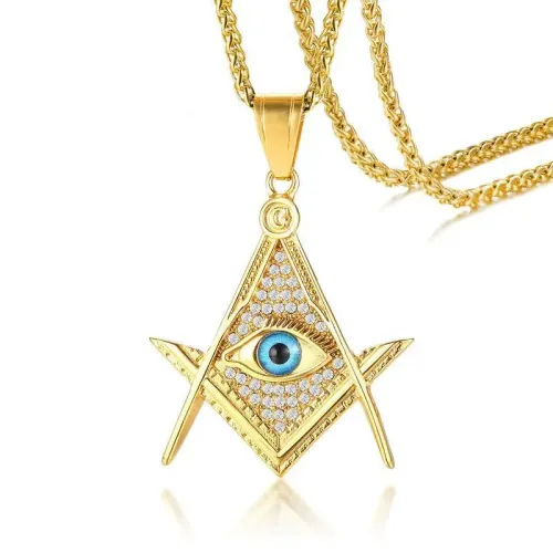 NTM617 Gold Masonic Men's WISH Pendant Titanium Steel Necklace with Rhinestone Eyes
