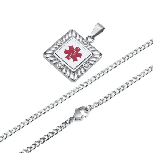 NTM427 Men's Medical Alert Pendant Red Logo Square Round Stainless Steel Necklace