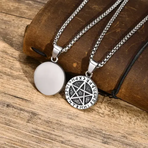 NTM449 Men's Viking Symbol Pentagram Pendant Stainless Steel Necklace in Steel Color