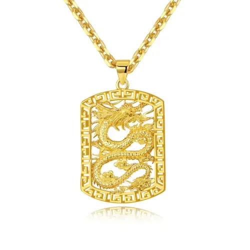NTM27 Gold-Plated Copper Boss Dragon Tag Pendant Luxe Necklace Jewelry