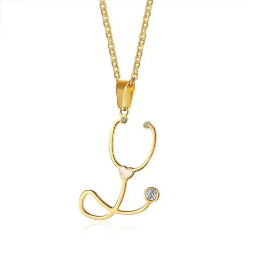 NTM410 Gold Titanium Steel Stethoscope Necklace Zircon Shell Elegant Trinket