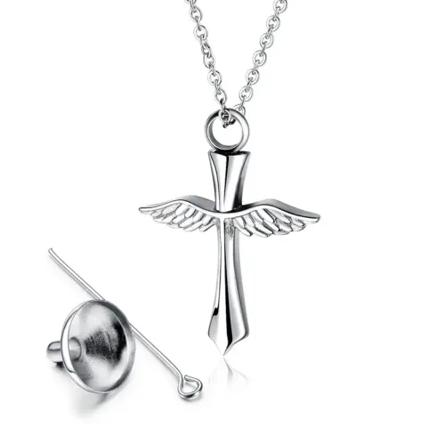 NTM232 Men's Titanium Steel Cross Wings Urn Necklace Memorial Pet Engraving Pendant