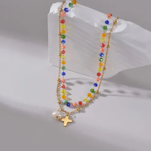 NTM3634 14K Gold Stainless Steel Double Layered Cross Necklace with Colorful Beads for Women
