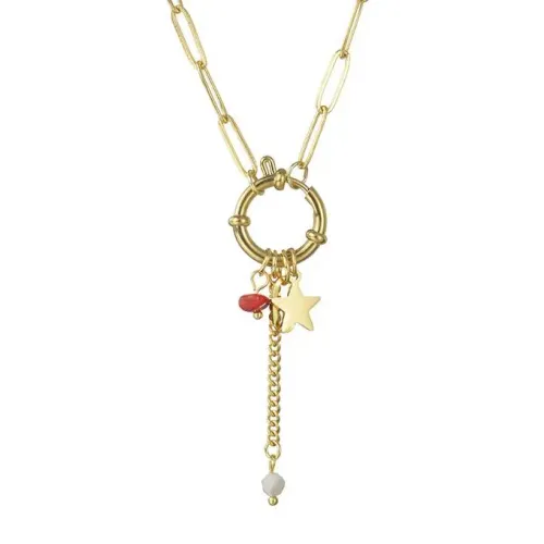 NTM3486 14k Gold OT Clasp Round Shell Pendant Necklace for Women Stainless Steel Clavicle Chain