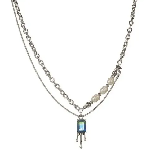 NTM3511 Blue Green Zircon Pearl Pendant Necklace Stainless Steel Jewelry for Women