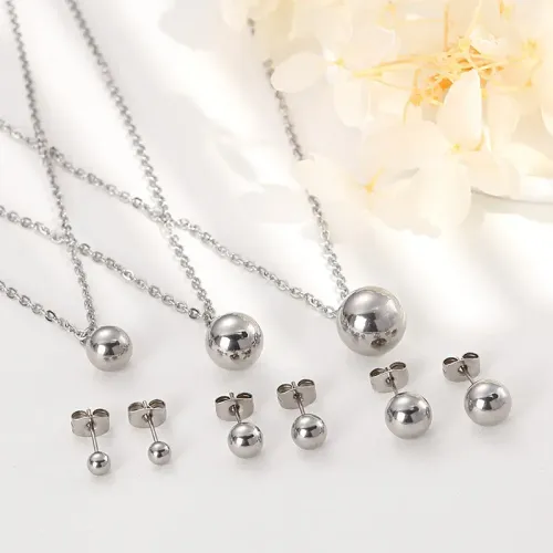 NTM2528 Stainless Steel Bead Necklace and Earrings Set Chic Jewelry Combo for Everyday Wear