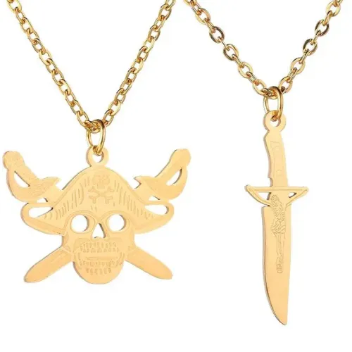 NTM3961 Stainless Steel Halloween Grim Reaper Sword Pendant Dual Blade Skull Necklace