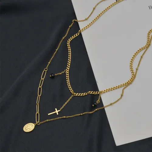 NTM3336 Gold Double Layer Necklace Women Moon Cross Pendant