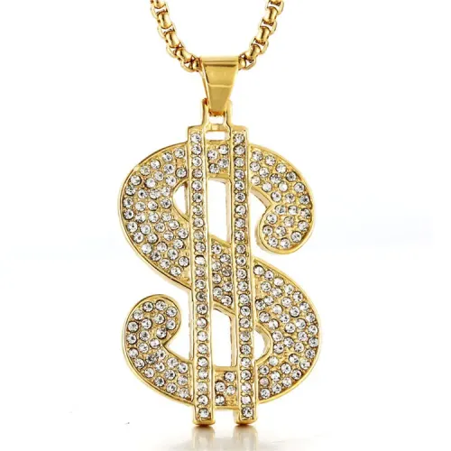 NTM2152 Bling Dollar Sign Pendant Necklace for Women Full Diamond Stainless Steel Money Symbol Charm