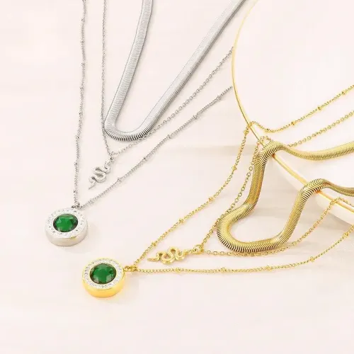 NTM3052 Multi Layered Stainless Steel Necklace with Green Zircon Diamond Circle Pendant