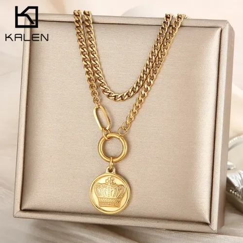 NTM2787 18K Gold Plated Round Crown Pendant Double Layered Women's Stacking Necklace