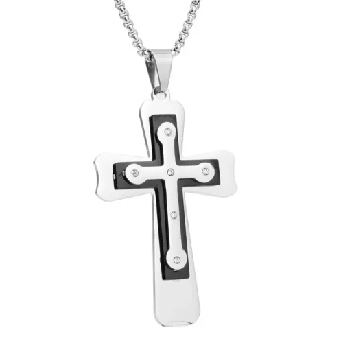 NTM2103 Men's Triple Layer Cross Pendant Necklace Diamond Stainless Steel Crucifix