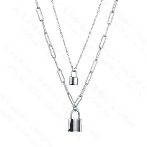 NTM3542 Double Layered Stainless Steel Padlock Necklace Hip Hop Pendant Clavicle Chain