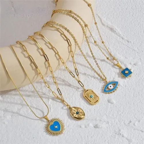 NTM3580 14K Gold Plated Stainless Steel Evil Eye Necklace in Blue Women's Clavicle Chain