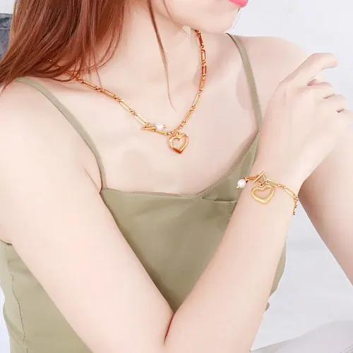 NTM3074 Peach Heart Pendant Stainless Steel Necklace Bracelet Set Women's Jewelry