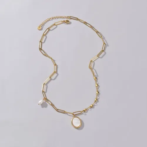 NTM3347 14K Gold Stainless Steel Heart Oval Necklace for Women Sweater Chain