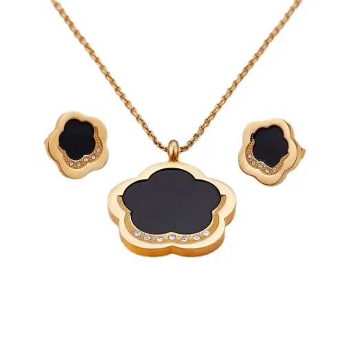 NTM3034 Gold Plated Stainless Steel Diamond Flower Necklace Earrings Set for Women