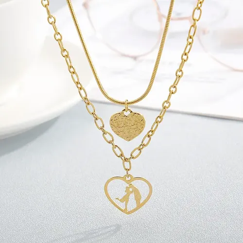 NTM2861 Double Layered Heart Necklace with Hollow Couple Kiss Pendant Romantic Gift for Her