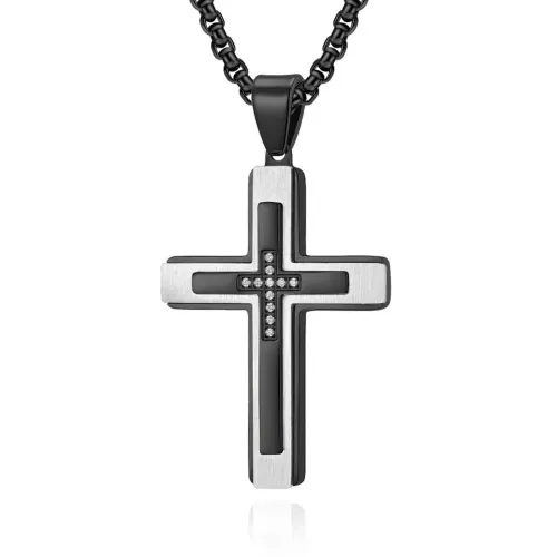 NTM1187 Custom Men's Triple Layered Stone Set Cross Pendant Stainless Steel Necklace