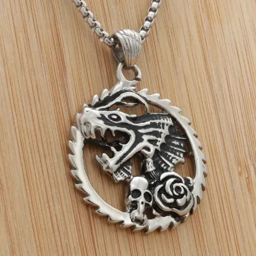 NTM1949 Dragon Pendant Punk Stainless Steel Circular Dragon Necklace