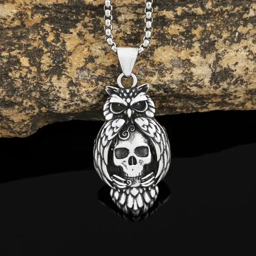 NTM978 Nordic Owl Skull Pendant Men's Stainless Steel Punk Necklace