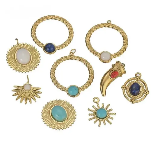 NTM3903 14K Gold Turquoise Bullhorn Sun Medallion Pendant Necklace with Stainless Steel Fittings