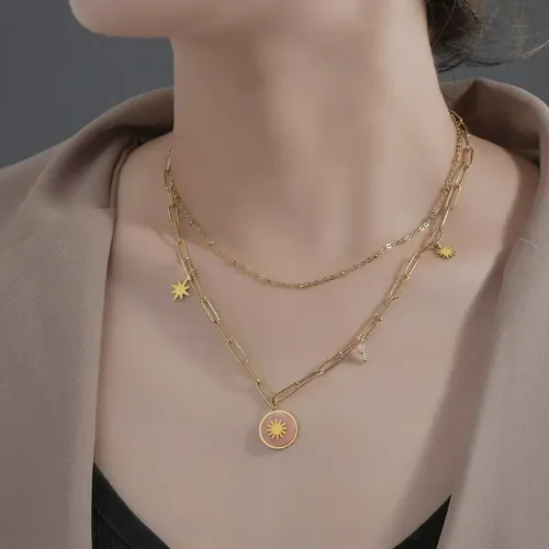 NTM3405 14K Gold Double Layered Embossed Chain with Rice Grain Flower Pendant Stainless Steel Women's Necklace