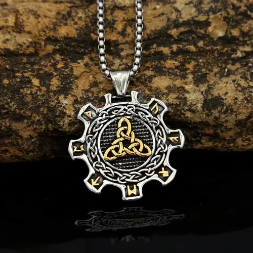 NTM1000 Double-Sided Stainless Steel Men's Necklace with Triangular Rune Tooth Pendant