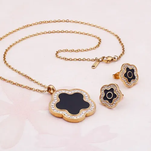 NTM3026 Stainless Steel Diamond Set Floral Necklace + Earrings for Women Elegant Jewelry Set