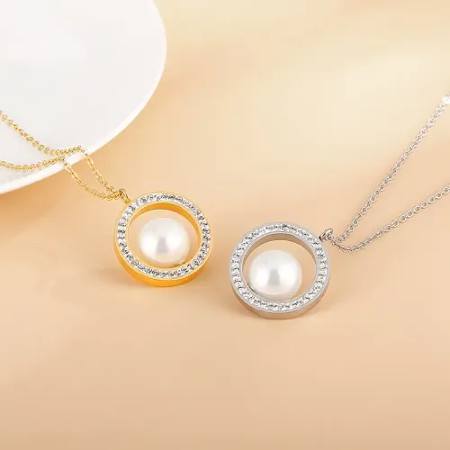 NTM2938 Elegant Hollowed Out Stainless Steel Necklace with Diamond Pearl for Women