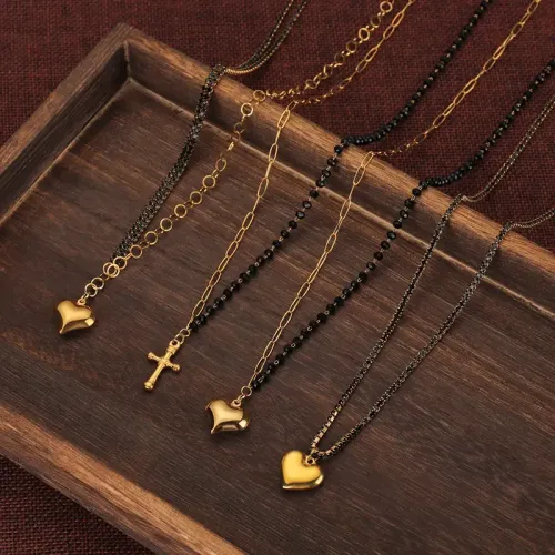 NTM3539 Black Bead Necklace with Stainless Steel Cross Heart Pendant Trendy Jewelry