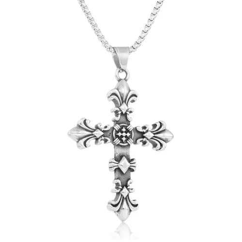 NTM1359 Stainless Steel Cross Pendant Gothic Punk Necklace with Floral Design