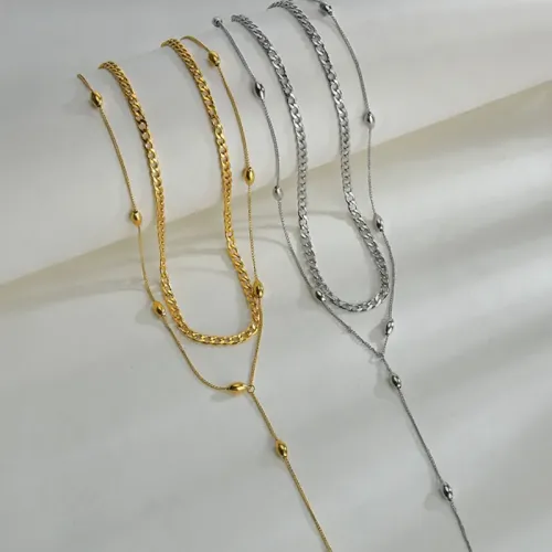 NTM3648 Dual Layer Shape Beaded Necklace 1:1NK Chain Women's Stainless Steel Jewelry