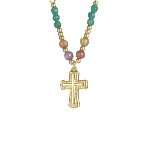 NTM3497 Stainless Steel Cross Necklace with Colorful Beads Trendy Beaded Jewelry