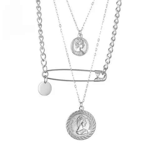 NTM3446 S Brand Detachable Triple Layer Safety Pin Necklace with Reversible Etched Stainless Steel Coin Pendant for Couples