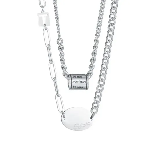 NTM3585 Double Layered T Letter Square Oval Pendant Necklace for Women Stainless Steel Jewelry