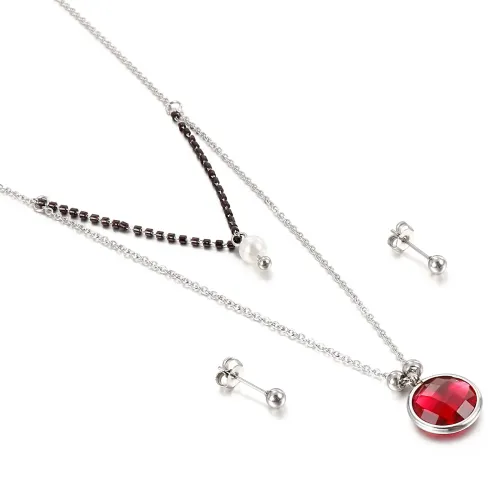 NTM2796 Multicolor Glass Stainless Steel Double Layer Necklace and Earring Set for Women