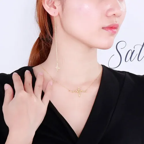 NTM2792 EKG Heartbeat Stainless Steel Long Earrings Necklace Set for Women