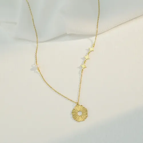 NTM3407 Hollow Circle Pendant Necklace for Women 14K Gold Plated Stainless Steel Sweater Chain