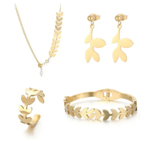 NTM3112 Stainless Steel Wheat Shell 4 Piece Set with Gold Heart for Women Versatile Jewelry